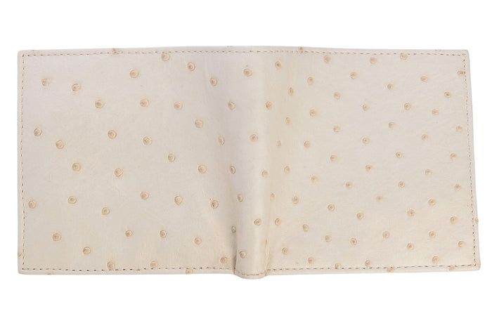The white ostrich wallet laid open flat, showing the full exterior quill bump texture.