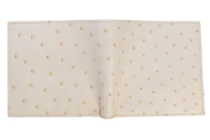 The white ostrich wallet laid open flat, showing the full exterior quill bump texture.