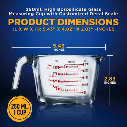 Glass Measuring Cup 250ml - Precise Pouring, Borosilicate, Clear