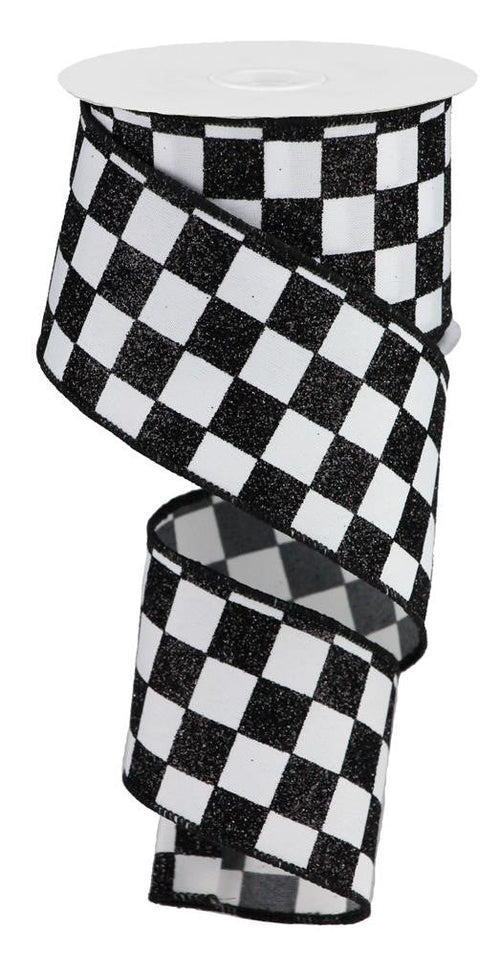Glitter Check Wired Edge Ribbon, 10 Yards (White, Black, 2.5 Inch)