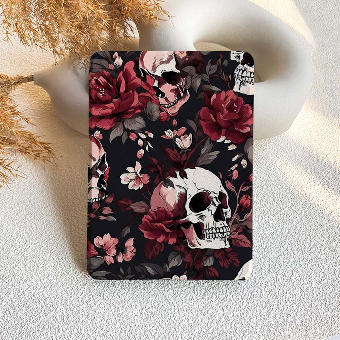 kindle case  with skull and floral design on a textured surface