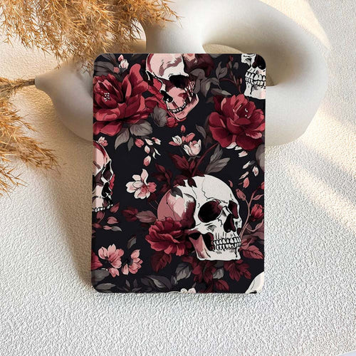 kindle case  with skull and floral design on a textured surface