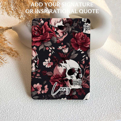 kindle case with skull and floral design on a light background