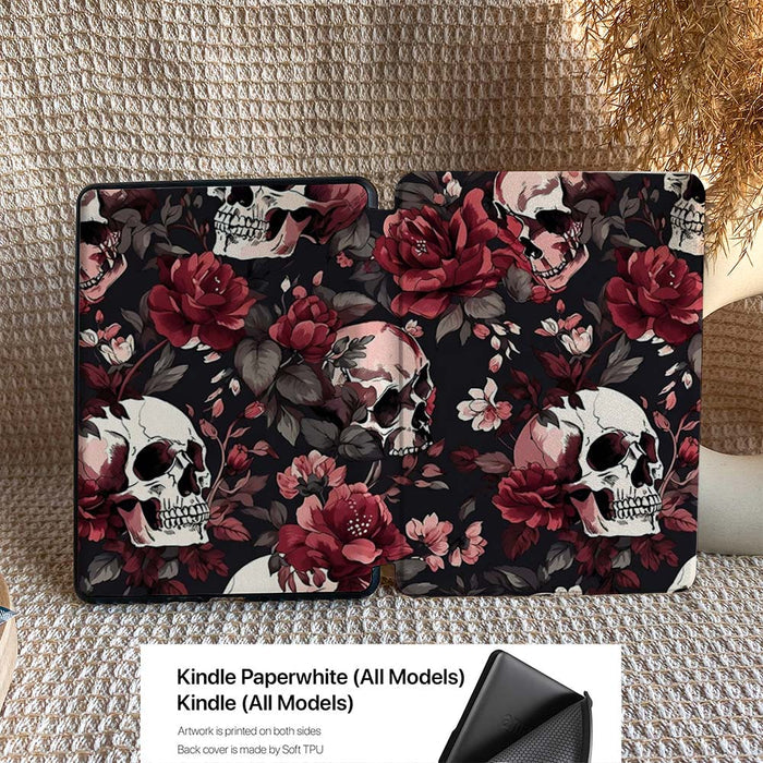 Floral and skull patterned case for Kindle devices on a textured surface.