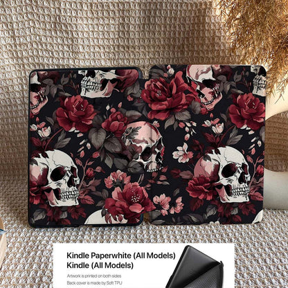Floral and skull patterned case for Kindle devices on a textured surface.
