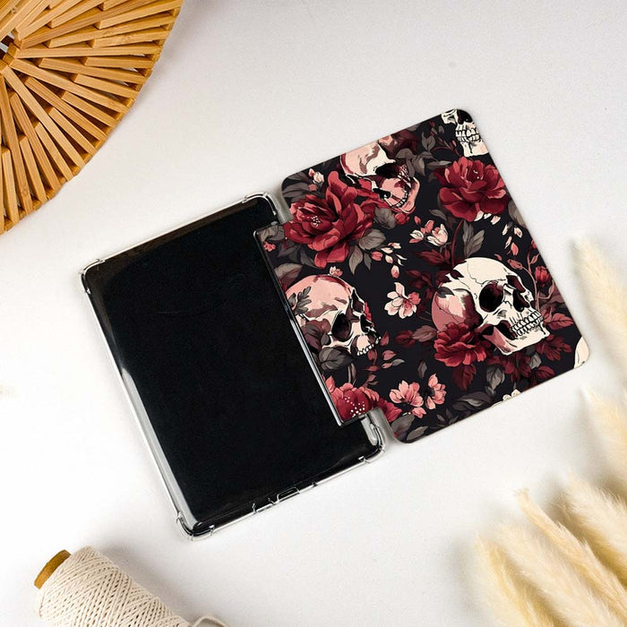Floral and skull design case on a tablet with a white background