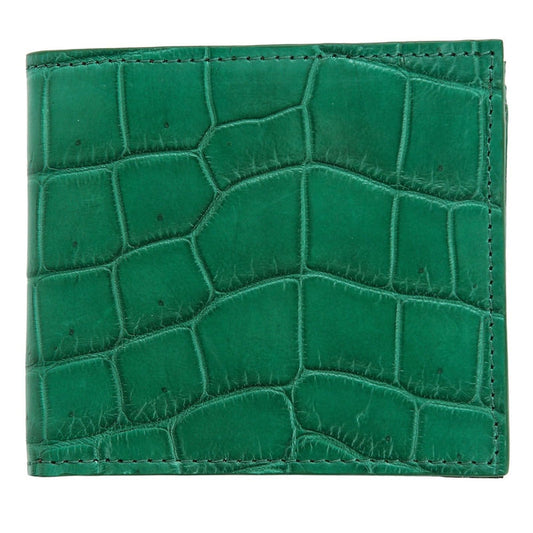 Front view of the green crocodile leather men's wallet highlighting the unique exotic scale pattern.