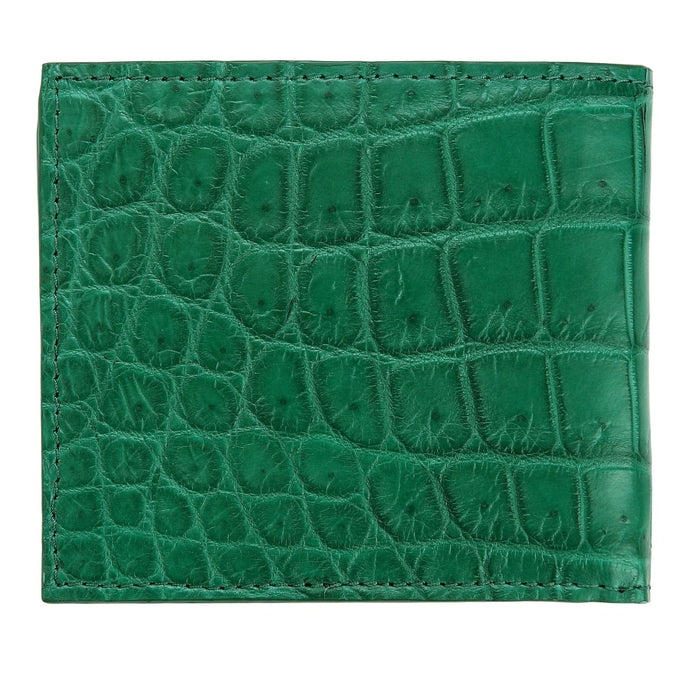 Back view of the green crocodile skin bifold wallet showing the continuous leather texture.
