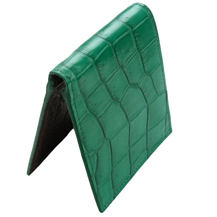 Angled side view of the handcrafted green exotic crocodile leather wallet.