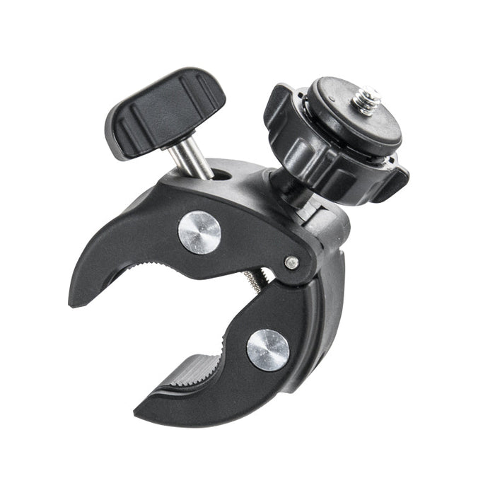 The Handlebar Clamp Camera Mount is a black adjustable clamp with a screw knob and threaded mount, designed for securely attaching cameras or accessories to poles, bikes, or motorcycles.