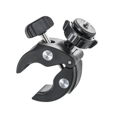 The Handlebar Clamp Camera Mount is a black adjustable clamp with a screw knob and threaded mount, designed for securely attaching cameras or accessories to poles, bikes, or motorcycles.