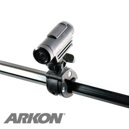 A compact CONTOUR action camera is attached to a metal pole with the Handlebar Clamp Camera Mount. The ARKON logo appears in the bottom left corner.