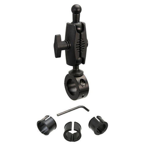 A 25mm robust aluminum motorcycle handlebar mount (17mm ball compatible) with a handlebar clamp, three plastic insert sizes, and an Allen wrench displayed below it.