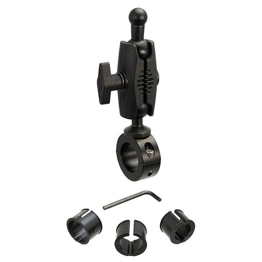 A 25mm robust aluminum motorcycle handlebar mount (17mm ball compatible) with a handlebar clamp, three plastic insert sizes, and an Allen wrench displayed below it.