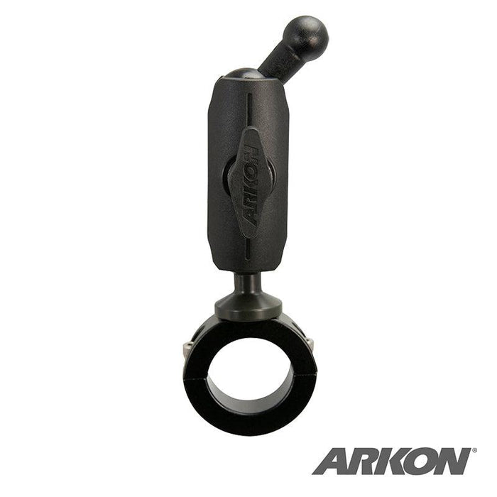 A 25mm Robust Aluminum Motorcycle Handlebar Mount, compatible with 17mm ball accessories, features a circular clamp and adjustable arm with tightening knob, shown on a white background with the Arkon logo in the bottom right corner.