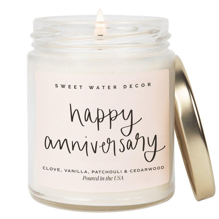 Happy Anniversary Soy Candle - Clear Jar - 9 oz (Palo Santo Patchouli) - Sweet Water Decor - Candles