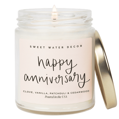 Happy Anniversary Soy Candle - Clear Jar - 9 oz (Palo Santo Patchouli) - Sweet Water Decor - Candles