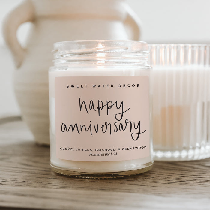 Happy Anniversary Soy Candle - Clear Jar - 9 oz (Palo Santo Patchouli) - Sweet Water Decor - Candles