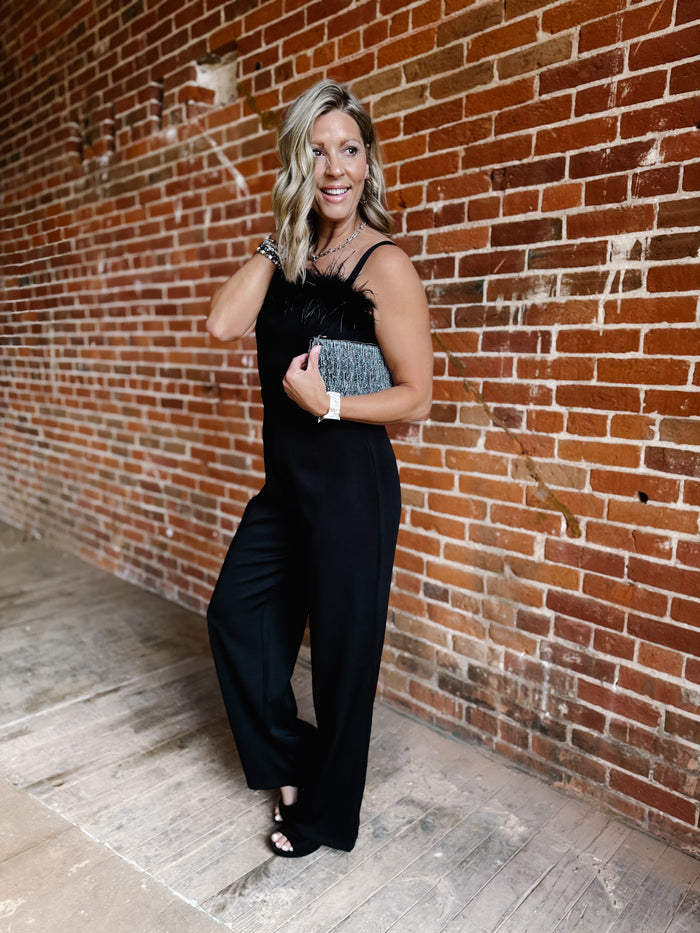Haven Jumpsuit with Feather Trim, Black