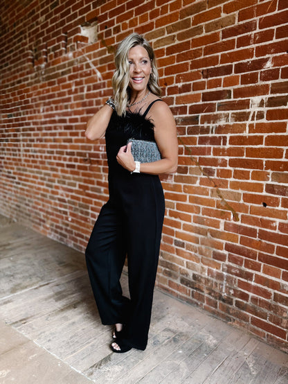 Haven Jumpsuit with Feather Trim, Black