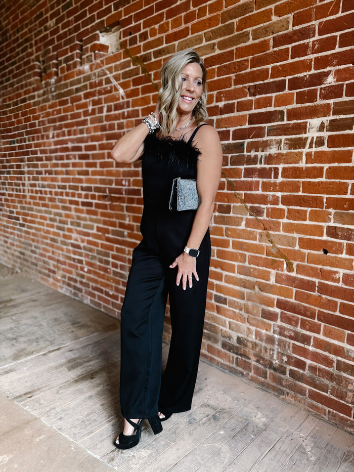 Haven Jumpsuit with Feather Trim, Black