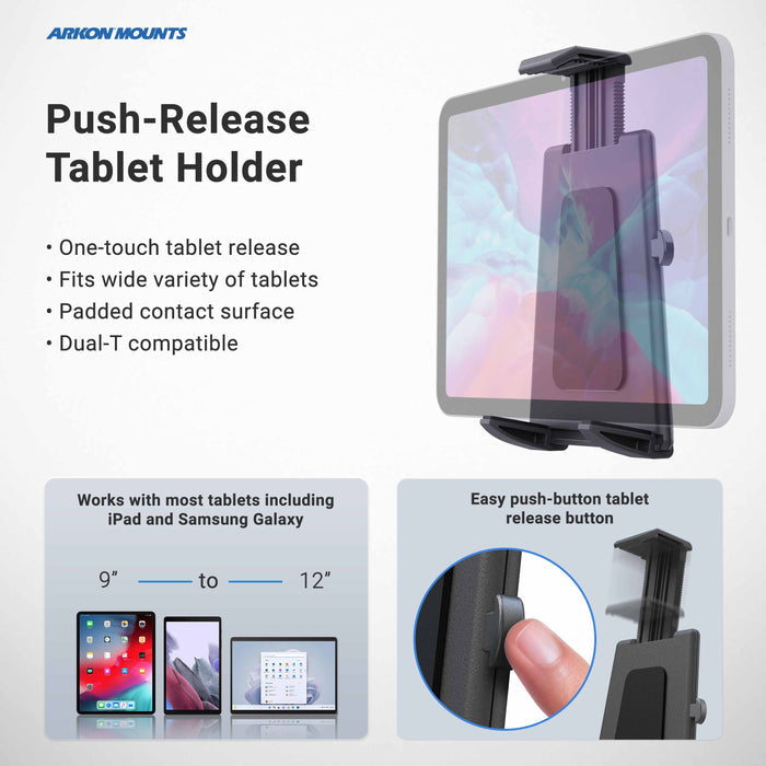 The Tablet Cup Holder Mount with Push-Button Holder - 25mm features a convenient push-button, one-touch release mechanism and a padded, dual-T compatible design. It securely holds 7-12 inch tablets—including iPad and Samsung Galaxy models—and fits many different tablet sizes for versatility in your car.