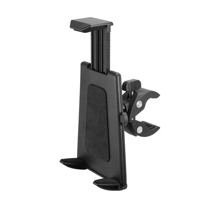 Introducing the Heavy-Duty Clamp Post Tablet Mount for iPad, Note, Tab and more—a black, adjustable mount designed for secure attachment to surfaces such as desks or poles. Featuring a universal design with padded grips and a side screw-tightening clamp mechanism, this tablet holder ensures stable and reliable mounting in any environment.