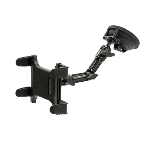 The Heavy-Duty Multi-Angle Slim-Grip® Tablet Suction Mount with 8 Arm securely attaches to your windshield or dashboard, featuring a black adjustable design and an extendable arm for versatile tablet positioning.