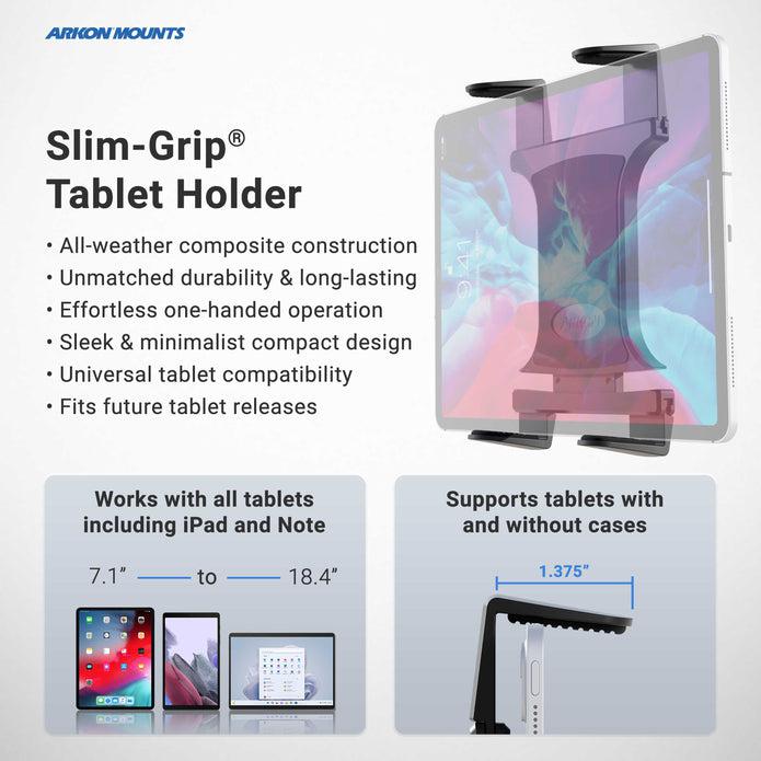 A promotional graphic for the Heavy-Duty Multi-Angle Slim-Grip® Tablet Suction Mount with 8 Arm shows it securing a tablet, with key features and its compatibility for various tablet sizes and thickness listed alongside.