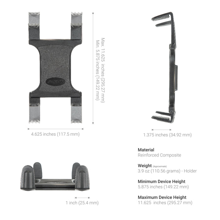 Technical specifications of a car mount device on a white background