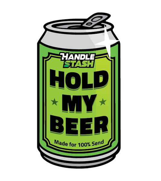 Beer can shaped sticker that says HOLD MY BEER.