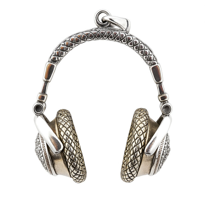 Front view of the iced out headphone pendant in sterling silver, showing the gold-tone earcups and Rasta lion design.
