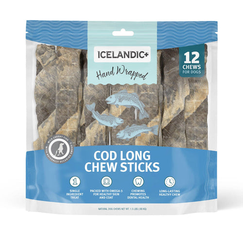 Icelandic+ Hand Wrapped Cod Skin Chew Sticks - 10" Long & 5" Short Assorted Packs - Dog.Dog.Cat.