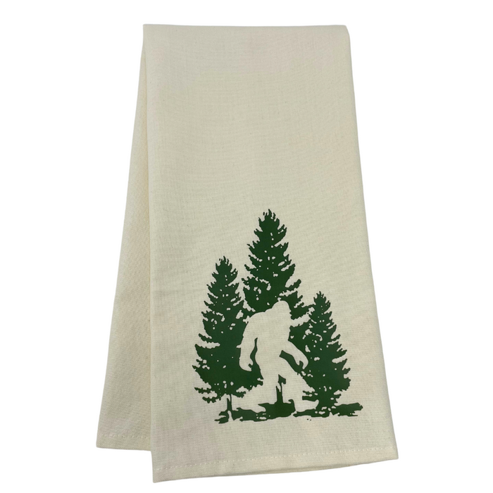 One 28" x 20" cream colored towel
6" x 4.5" design of an elusive Sasquatch and fir tree
Proudly designed and printed in Washburn, WI, USA
