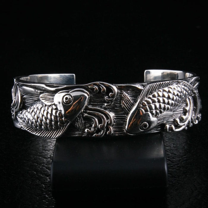 Japanese Koi Fish 925 Sterling Silver Cuff Bracelet front view showing detailed swimming koi design