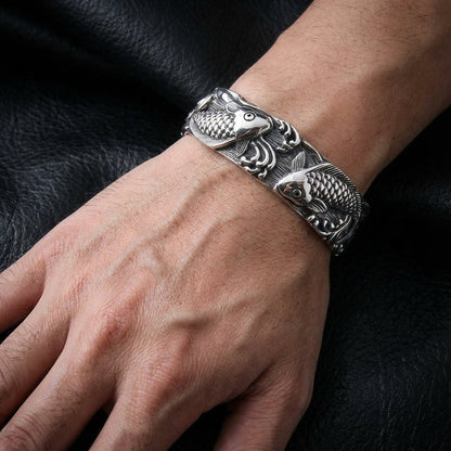 Japanese koi fish 925 sterling silver cuff bracelet worn on man's wrist