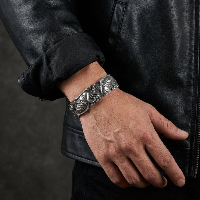 Oxidized sterling silver koi fish bracelet showing intricate scale and fin details