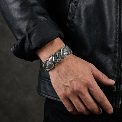 Oxidized sterling silver koi fish bracelet showing intricate scale and fin details