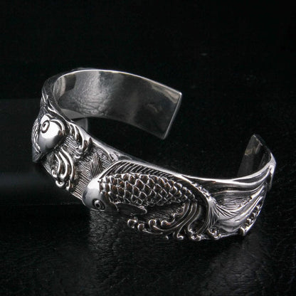 925 sterling silver Japanese koi cuff bracelet three-quarter view showing fish scales