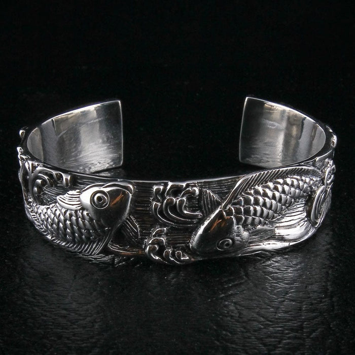Japanese koi sterling silver bracelet showing inner band and open cuff design