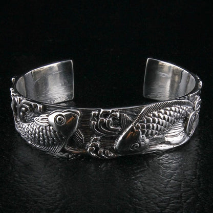Japanese koi sterling silver bracelet showing inner band and open cuff design