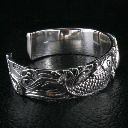 Handcrafted Japanese koi 925 silver bangle bracelet side profile