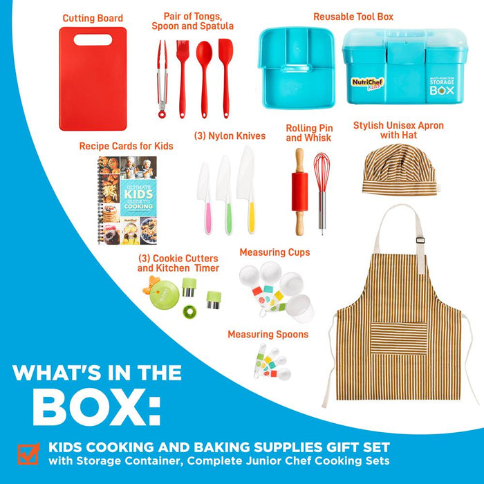 Kids Cooking & Baking Set - Safe Nylon Tools, Recipe Cards, Unisex Apron