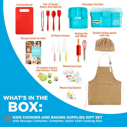 Kids Cooking & Baking Set - Safe Nylon Tools, Recipe Cards, Unisex Apron