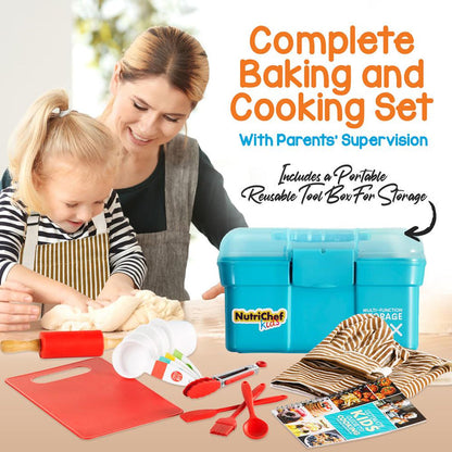 Kids Cooking & Baking Set - Safe Nylon Tools, Recipe Cards, Unisex Apron