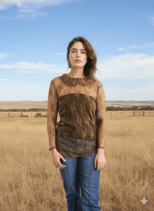 Lace Mesh Long Sleeve Brown Collared TopS