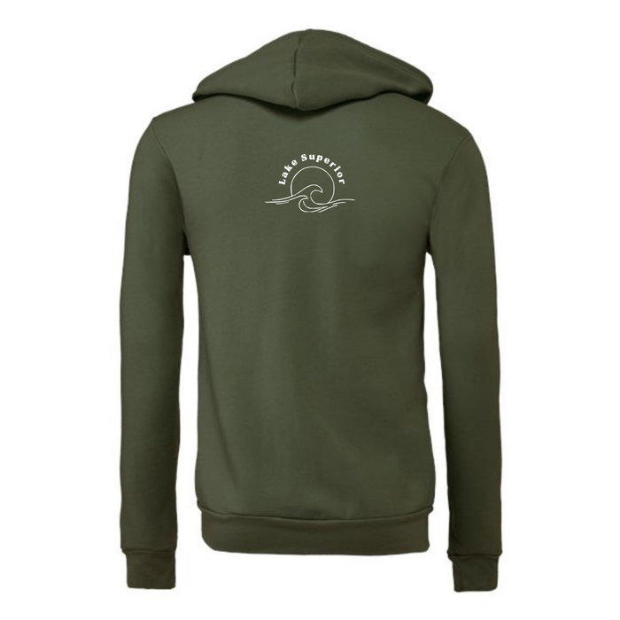 An olive green hooded sweatshirt shown from the back, featuring a small white circular wave graphic with the text 'Lake Superior' printed on the upper back.
