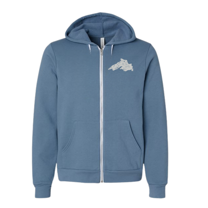 A slate blue zip-up hoodie with a white drawstring zipper, pockets, and a white graphic of Lake Superior on the left chest, shown against a plain white background.