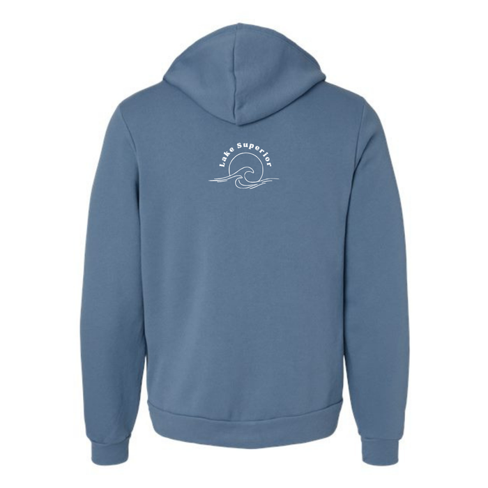 A slate blue zip up hoodie shown from the back, featuring a small white circular wave graphic with the text 'Lake Superior' printed on the upper back.