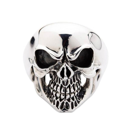A men's biker ring featuring a grinning skull, handcrafted from 27 grams of solid silver.